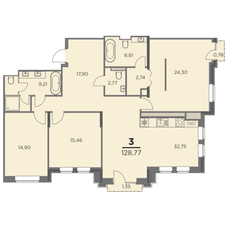 3-х комнатная квартира площадью 128.77м2 в Рязани